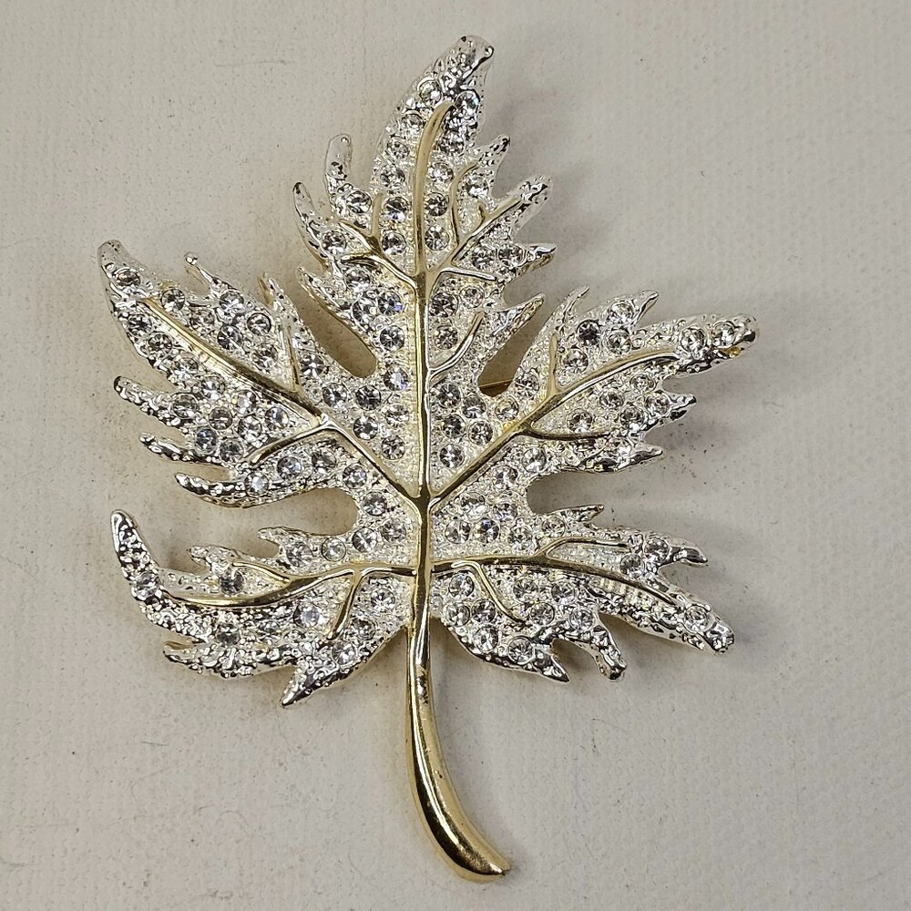 Roman Gold Silver Tone Maple Leaf Brooch clear Rhinestone Marked Pin Autumn